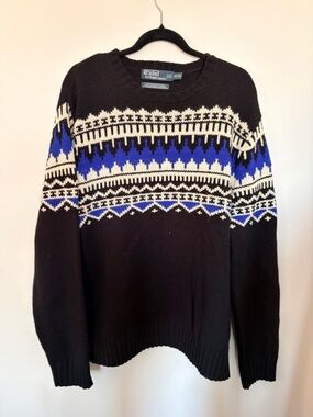 Polo by Ralph Lauren Black Fair Isle COTTON CASHMERE ANGORA Crewneck Sweater XL